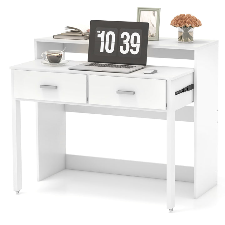 Extendable Writing Desk with Monitor Shelf and Wheels for Home Office-White