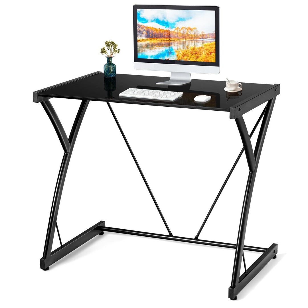 Z Shaped Computer Desk with Tempered Glass Table Top - TidySpaces