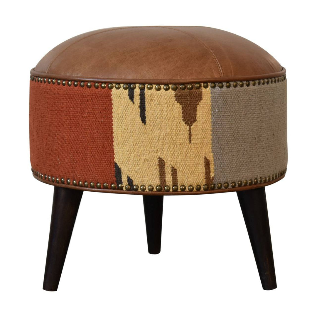 Durrie & Leather Mixed Footstool - TidySpaces