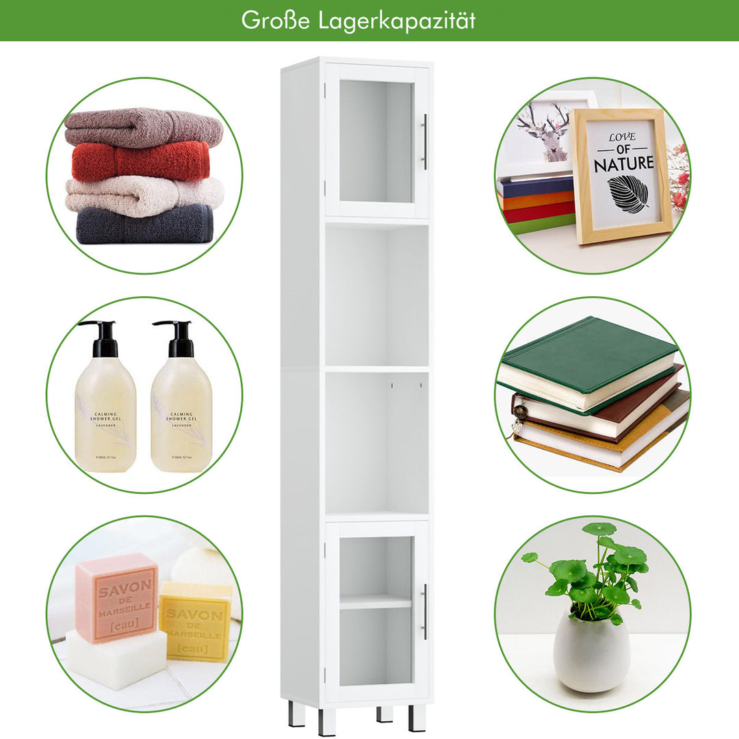 Freestanding Slim Wooden Bathroom Cabinet with Tempered Glass Doors-White