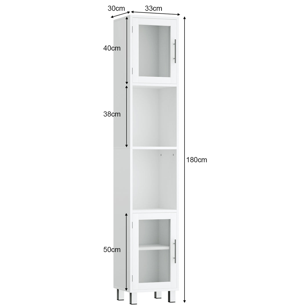 Freestanding Slim Wooden Bathroom Cabinet with Tempered Glass Doors-White