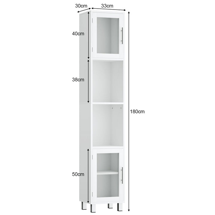 Freestanding Slim Wooden Bathroom Cabinet with Tempered Glass Doors-White