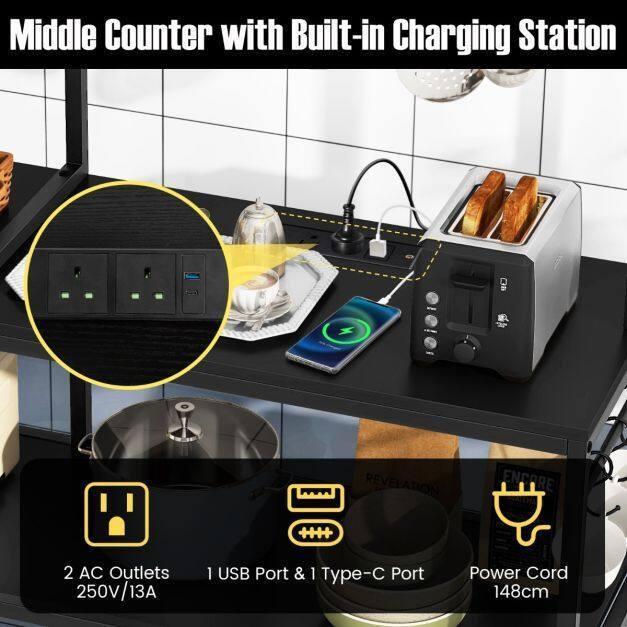 Bakers Rack with Power Outlets and 10 S-Shaped Hooks - TidySpaces