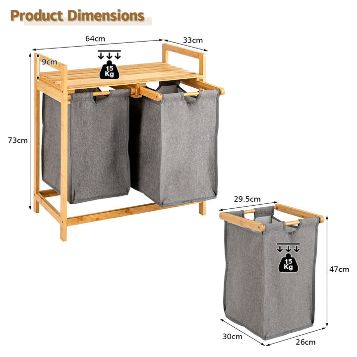 Bamboo Laundry Hamper with Dual Compartments and Removable Sliding Bags-Natural