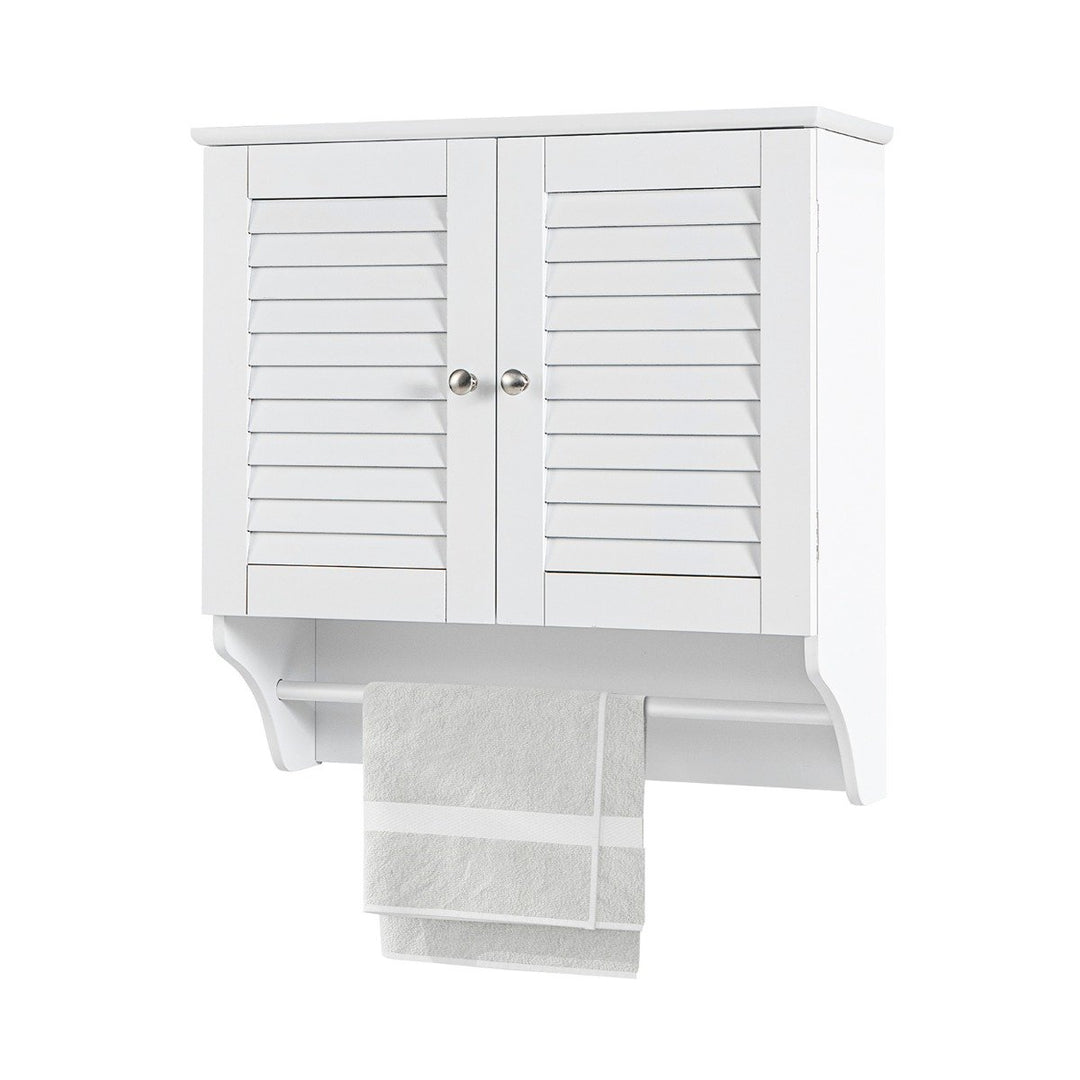 Wall Mounted Double Louvered Doors Storage Cabinet with Height Adjustable Shelf and Towels Bar-White - TidySpaces