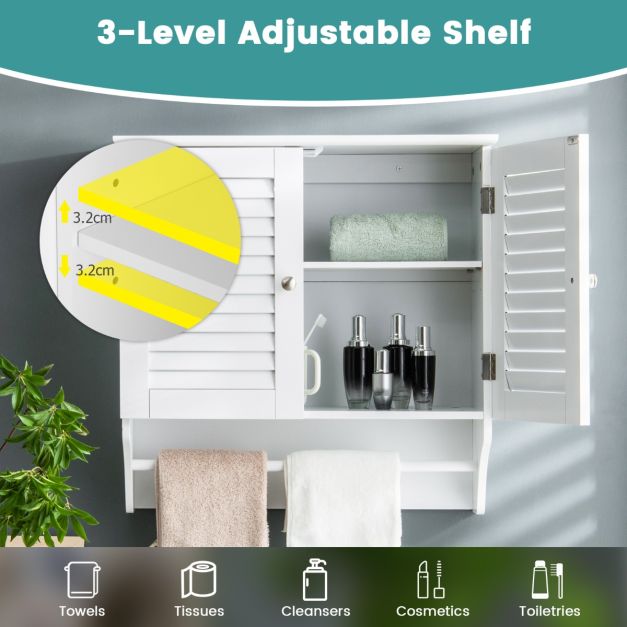 Wall Mounted Double Louvered Doors Storage Cabinet with Height Adjustable Shelf and Towels Bar-White