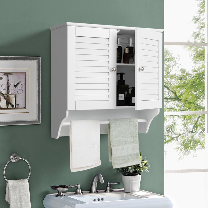Wall Mounted Double Louvered Doors Storage Cabinet with Height Adjustable Shelf and Towels Bar-White - TidySpaces