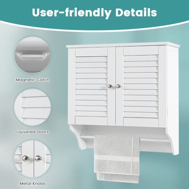 Wall Mounted Double Louvered Doors Storage Cabinet with Height Adjustable Shelf and Towels Bar-White