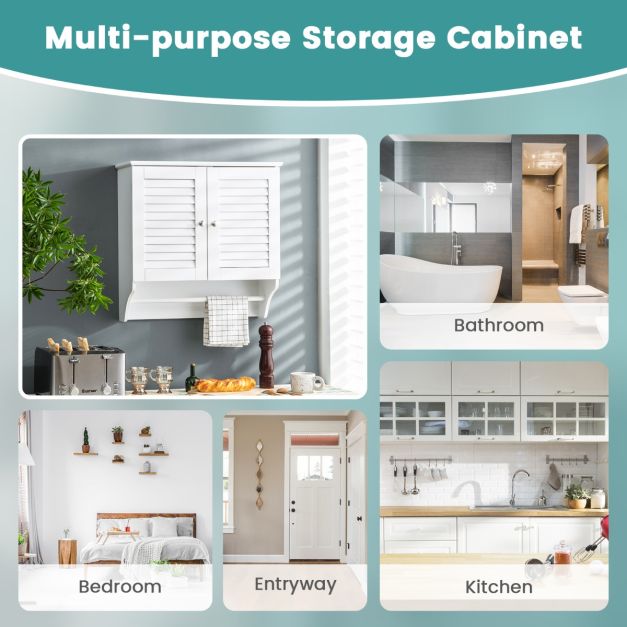 Wall Mounted Double Louvered Doors Storage Cabinet with Height Adjustable Shelf and Towels Bar-White