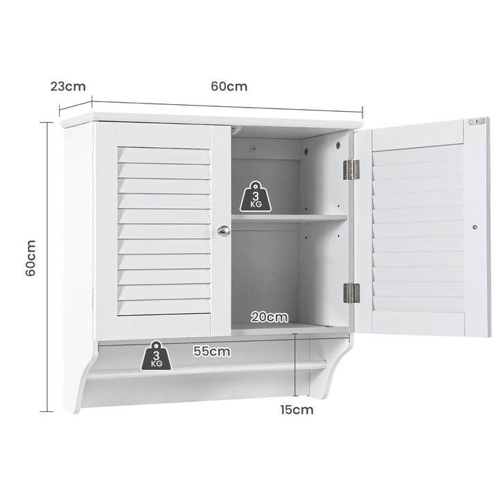 Wall Mounted Double Louvered Doors Storage Cabinet with Height Adjustable Shelf and Towels Bar-White - TidySpaces