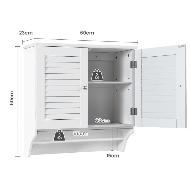 Wall Mounted Double Louvered Doors Storage Cabinet with Height Adjustable Shelf and Towels Bar-White