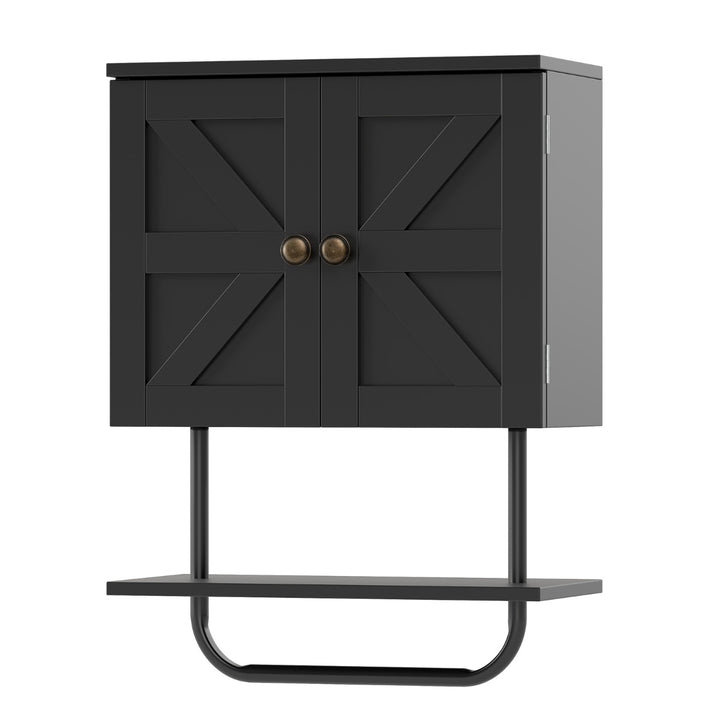 Bathroom Wall Cabinet with Double Door and Open Shelf and Towel Rack-Black