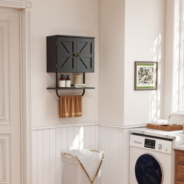Bathroom Wall Cabinet with Double Door and Open Shelf and Towel Rack-Black
