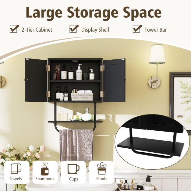 Bathroom Wall Cabinet with Double Door and Open Shelf and Towel Rack-Black