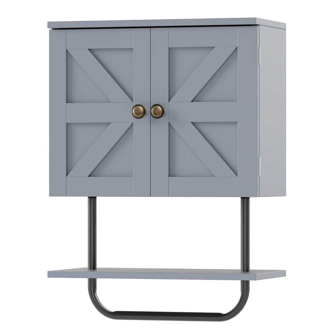 Bathroom Wall Cabinet with Double Door and Open Shelf and Towel Rack-Grey