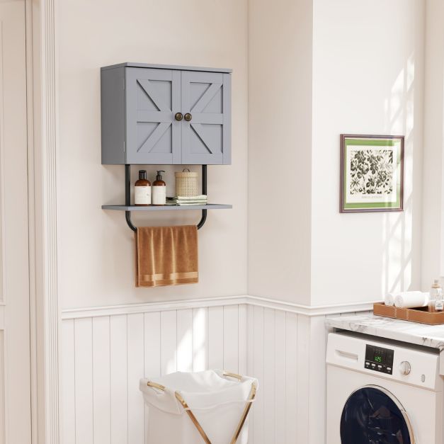 Bathroom Wall Cabinet with Double Door and Open Shelf and Towel Rack-Grey