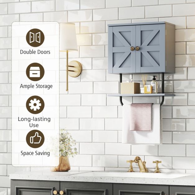 Bathroom Wall Cabinet with Double Door and Open Shelf and Towel Rack-Grey