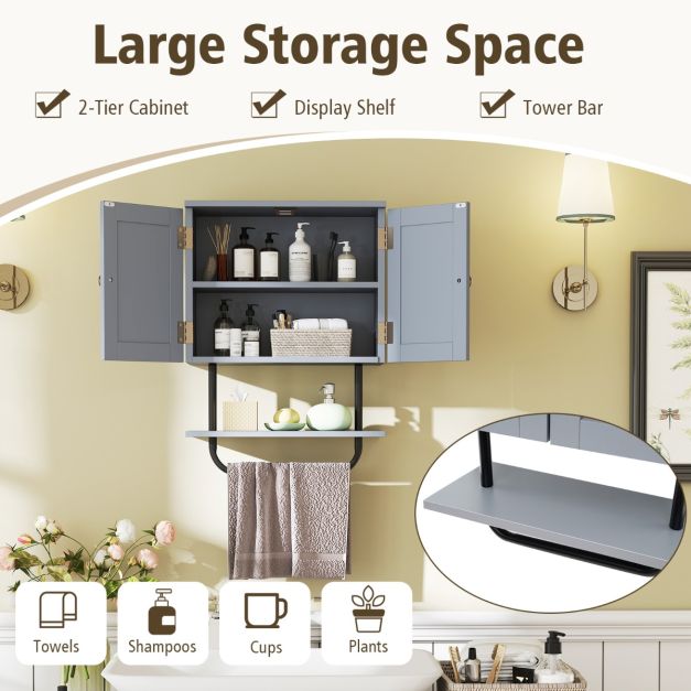 Bathroom Wall Cabinet with Double Door and Open Shelf and Towel Rack-Grey