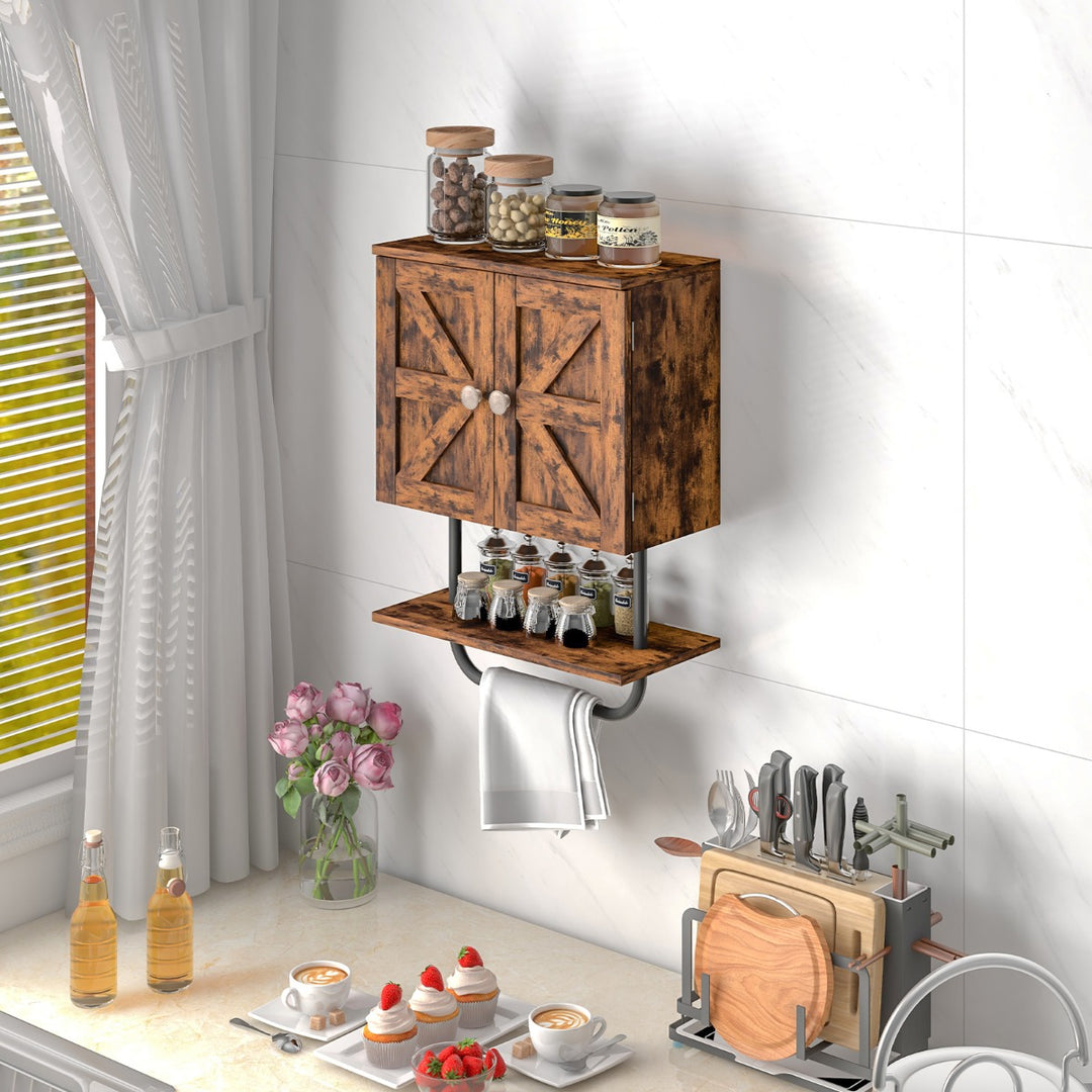 Bathroom Wall Cabinet with Double Door and Open Shelf and Towel Rack-Rustic Brown
