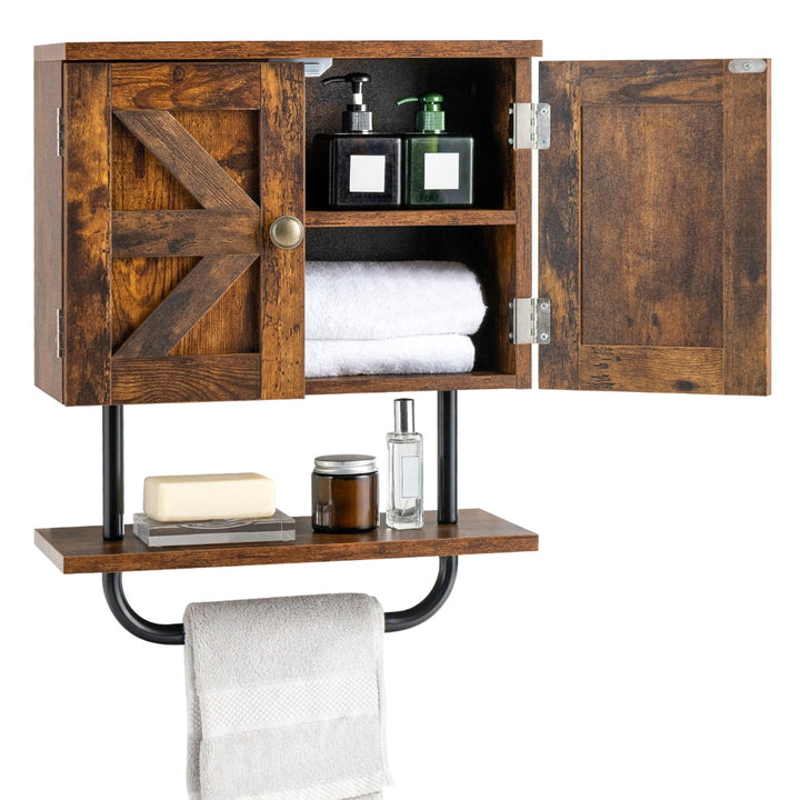 Bathroom Wall Cabinet with Double Door and Open Shelf and Towel Rack-Rustic Brown