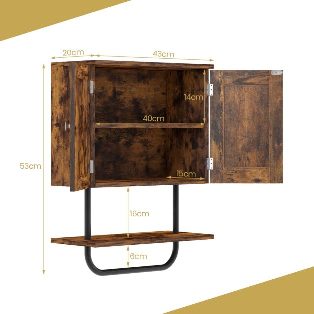 Bathroom Wall Cabinet with Double Door and Open Shelf and Towel Rack-Rustic Brown