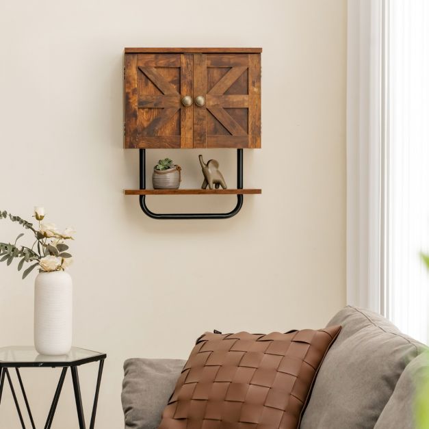 Bathroom Wall Cabinet with Double Door and Open Shelf and Towel Rack-Rustic Brown