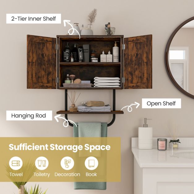 Bathroom Wall Cabinet with Double Door and Open Shelf and Towel Rack-Rustic Brown
