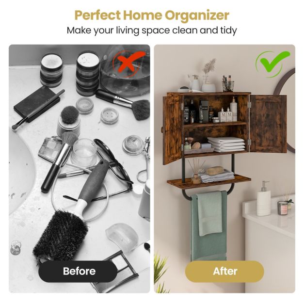 Bathroom Wall Cabinet with Double Door and Open Shelf and Towel Rack-Rustic Brown