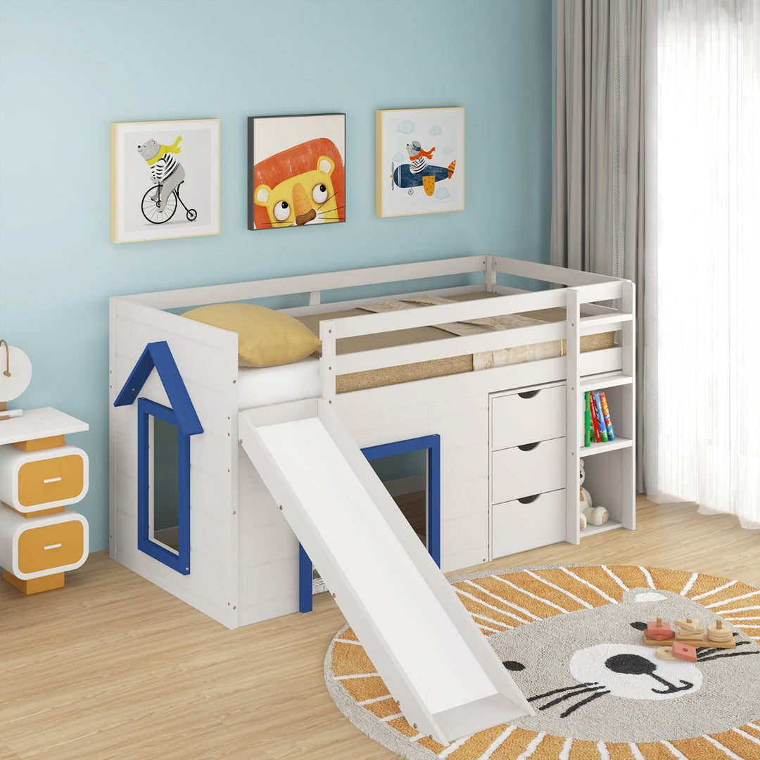 Single Size Pine Wood Loft Bed with Slide and Ladder and Game House