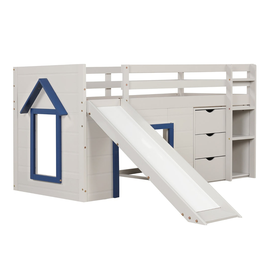 Single Size Pine Wood Loft Bed with Slide and Ladder and Game House