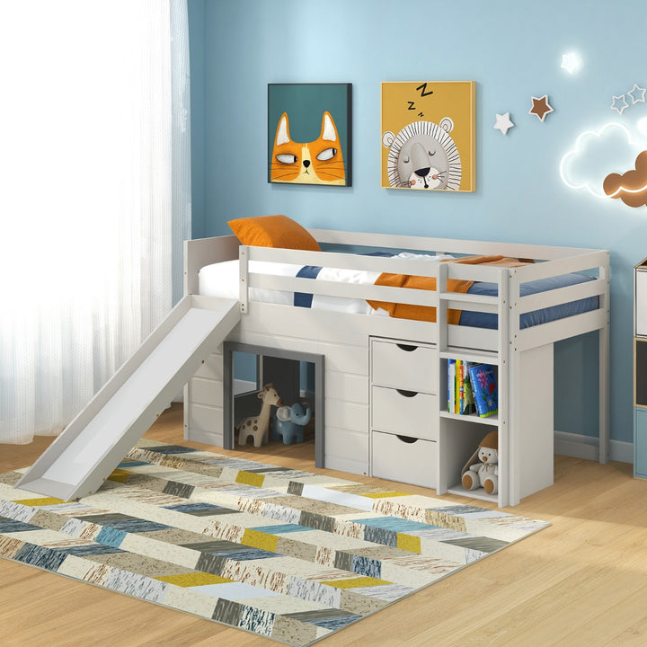 Single Size Pine Wood Loft Bed with Slide and Ladder and Game House