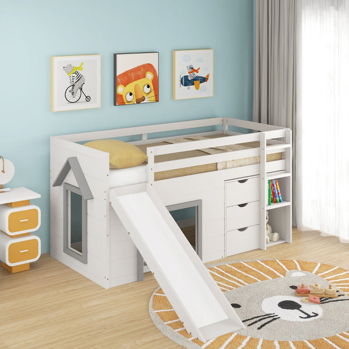 Single Size Pine Wood Loft Bed with Slide and Ladder and Game House