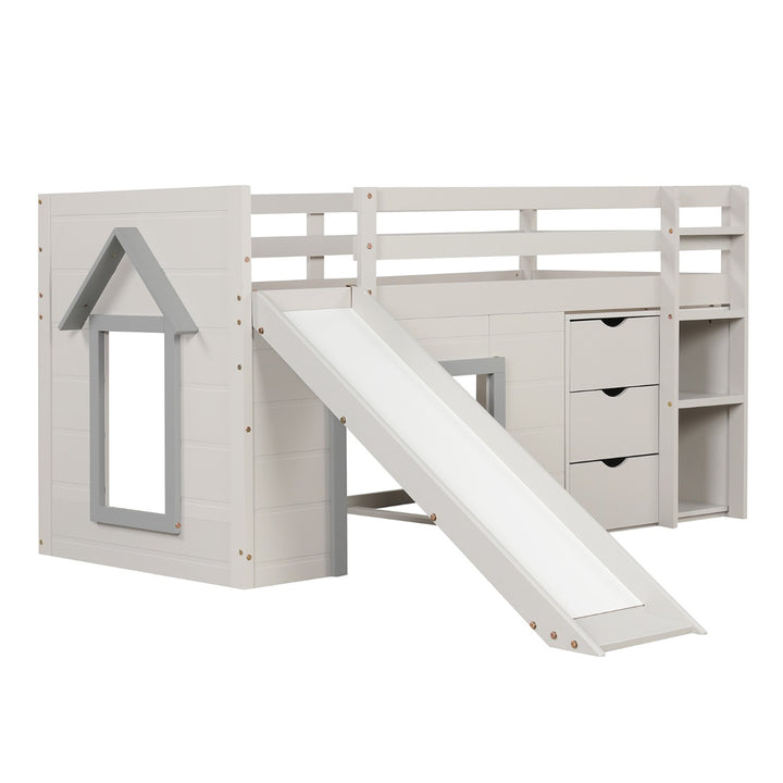 Single Size Pine Wood Loft Bed with Slide and Ladder and Game House
