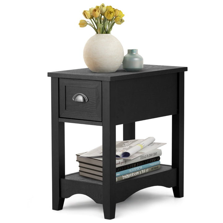 Rectangular Nightstand with 1 Drawer 1 Storing Shelf and 4 Solid Rubber wood Legs