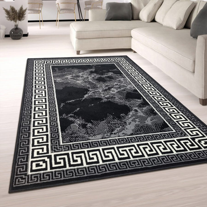 Black Border Marble Effect Rug Large Soft Oriental Carpet - TidySpaces