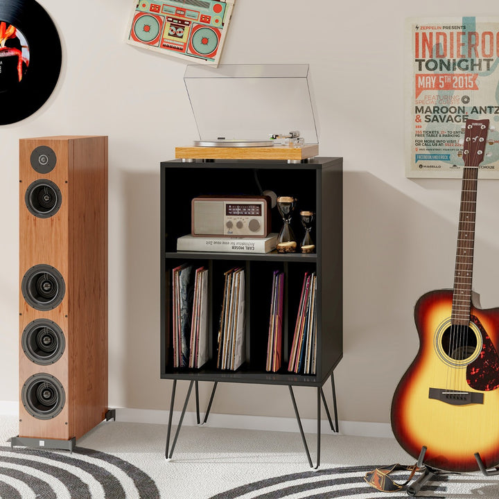 3 Tier Record Player Stand with Charging Station Shelf and 4 Dividers