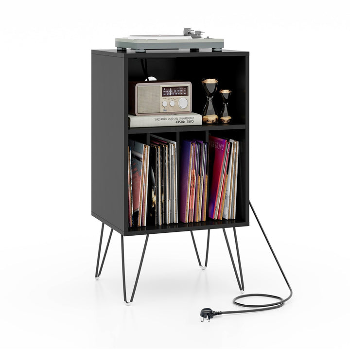 3 Tier Record Player Stand with Charging Station Shelf and 4 Dividers