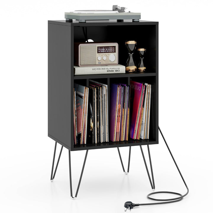 3 Tier Record Player Stand with Charging Station Shelf and 4 Dividers