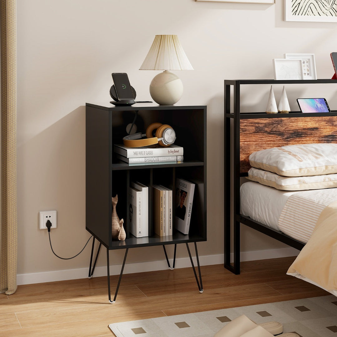 3 Tier Record Player Stand with Charging Station Shelf and 4 Dividers