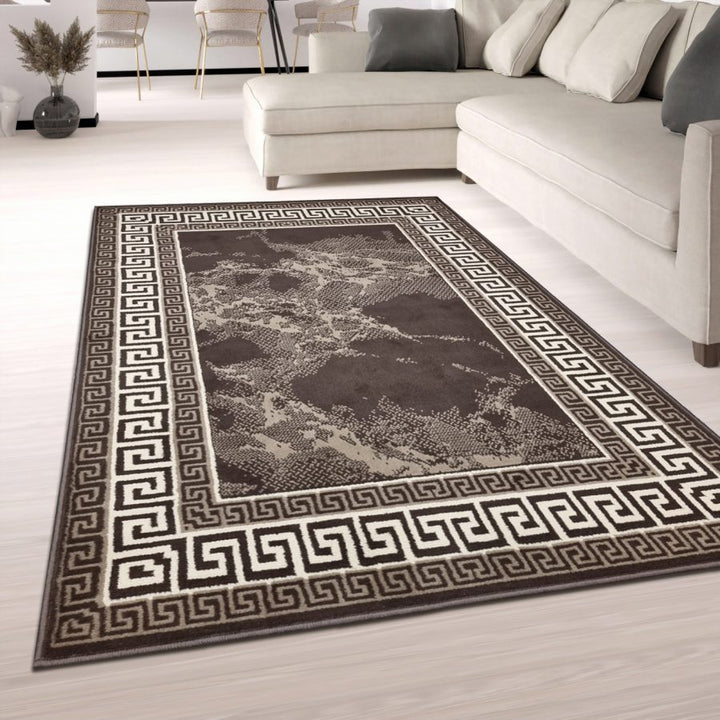 Brown Border Marble Effect Rug Large Soft Oriental Carpet