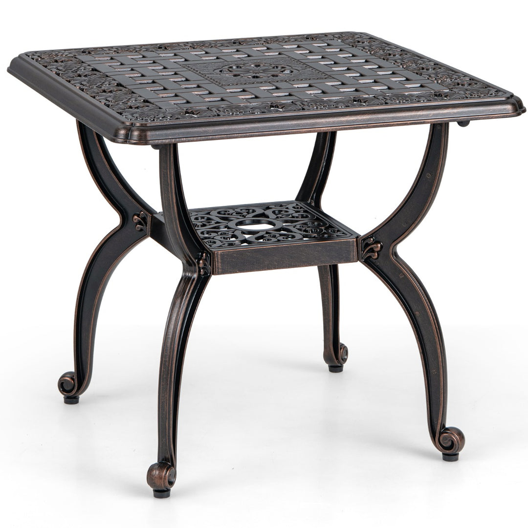 53 cm Cast Aluminum Outdoor Side Table with Hollow-carved Floral Pattern for Garden Porch-Rustic Brown - TidySpaces