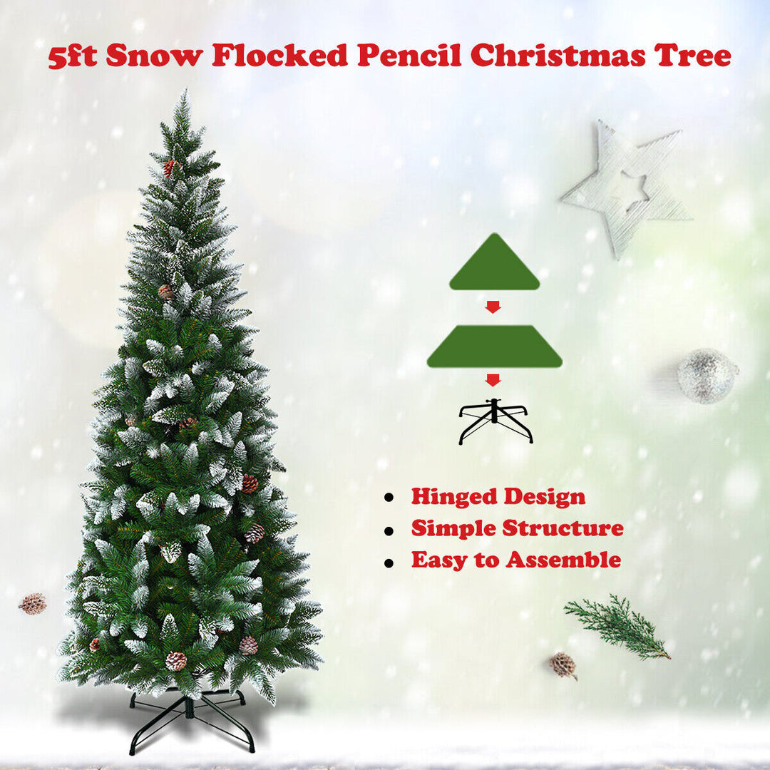 Snow-Flocked Pencil Hinged Artificial Christmas Tree with Pine Cones