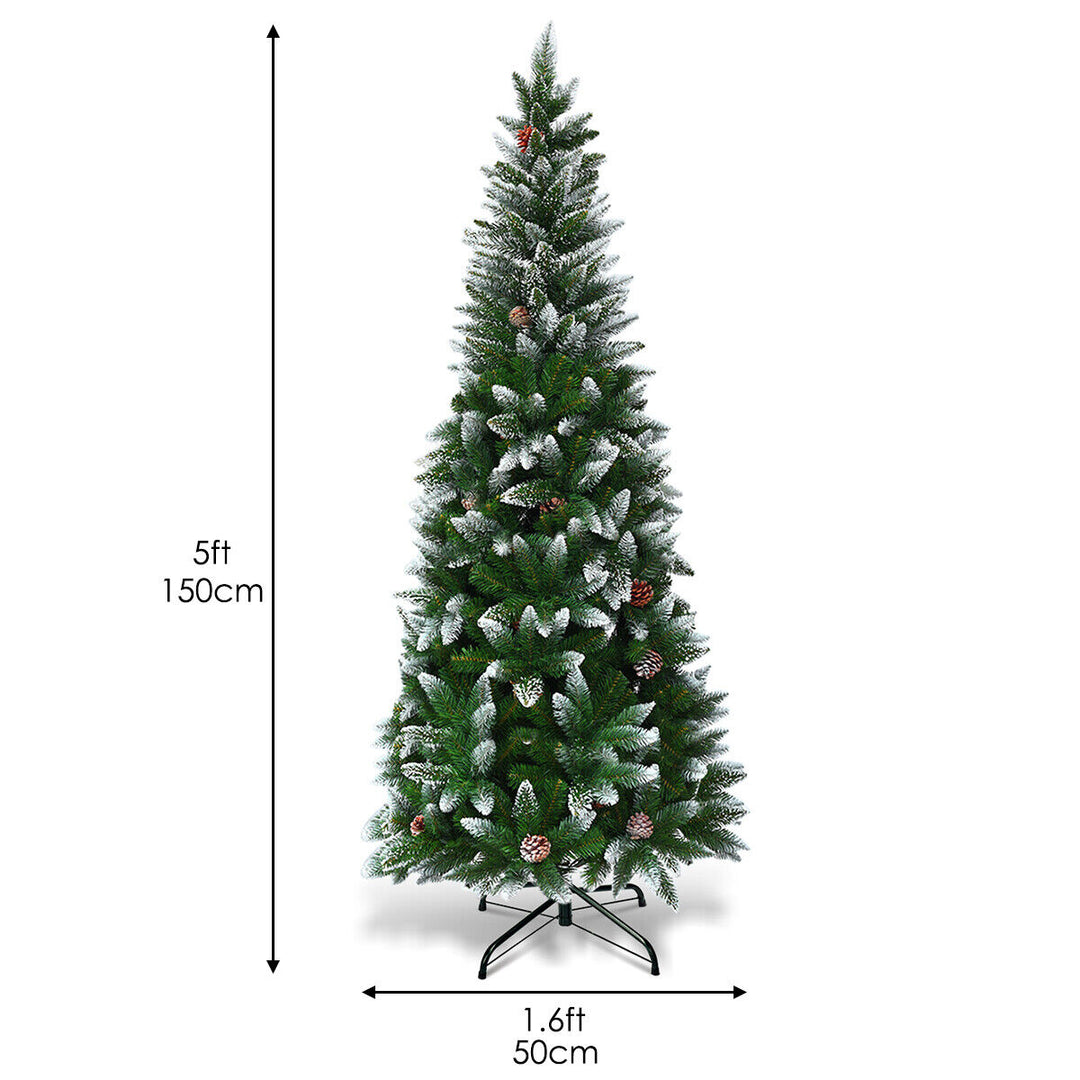 Snow-Flocked Pencil Hinged Artificial Christmas Tree with Pine Cones