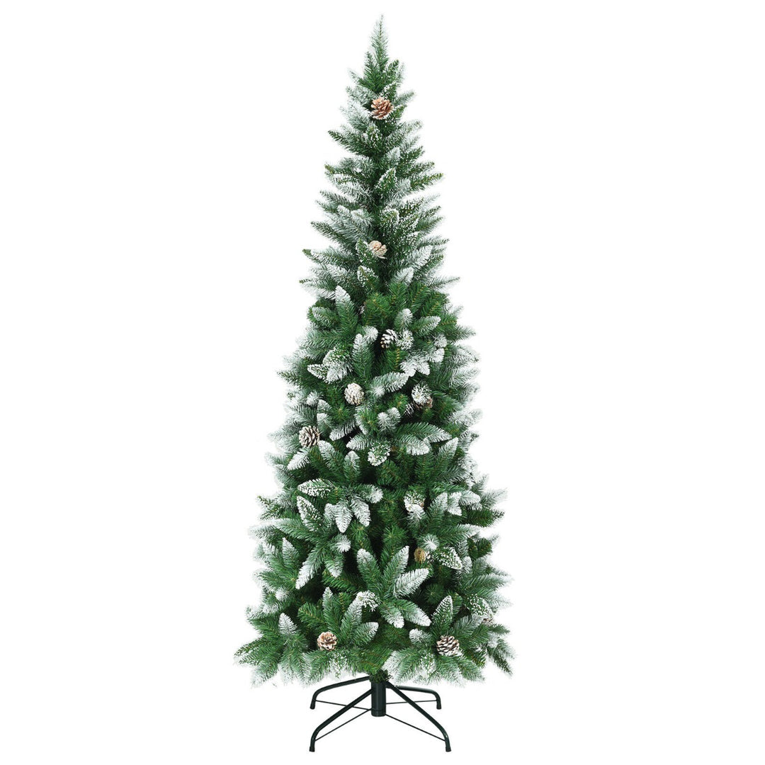 Snow-Flocked Pencil Hinged Artificial Christmas Tree with Pine Cones