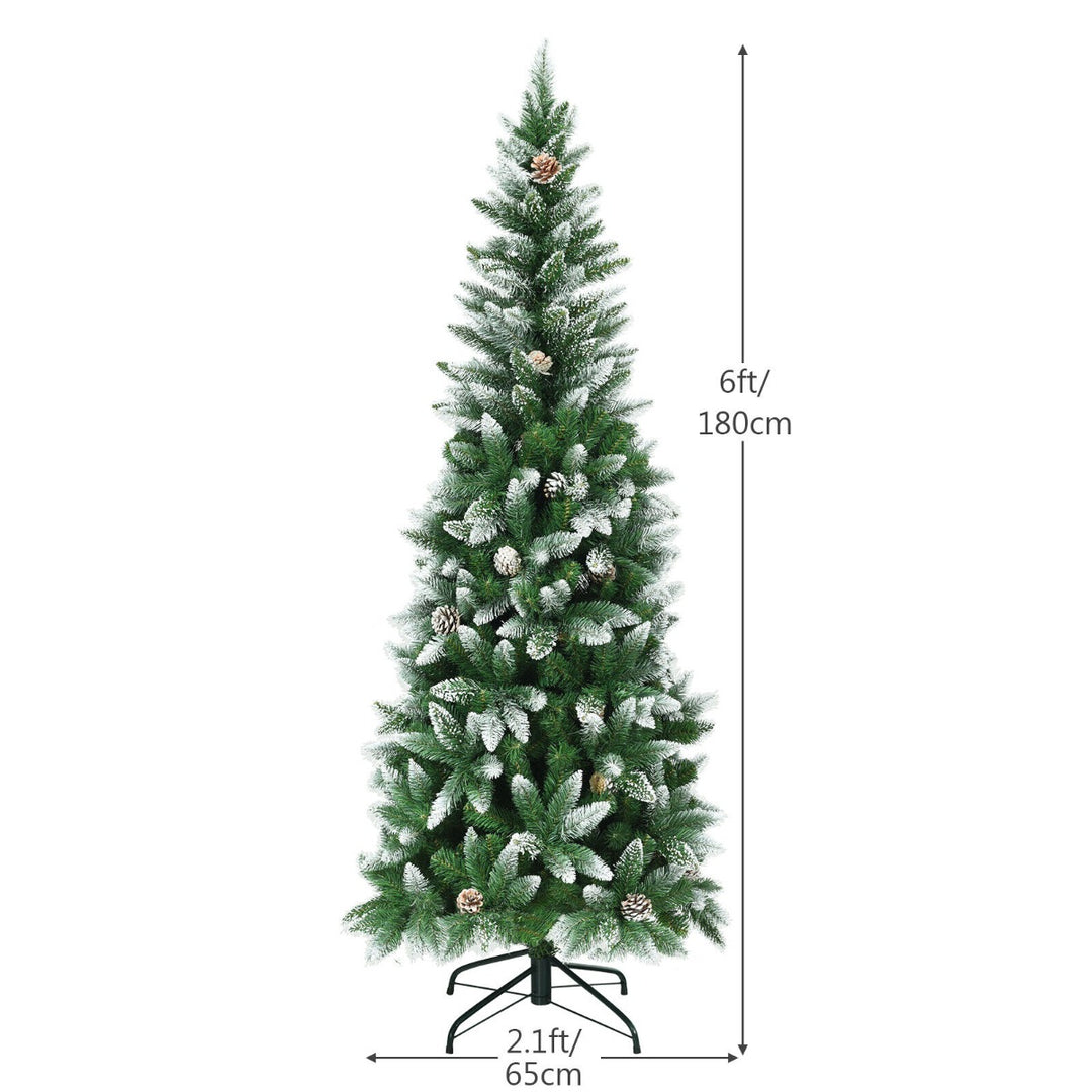 Snow-Flocked Pencil Hinged Artificial Christmas Tree with Pine Cones