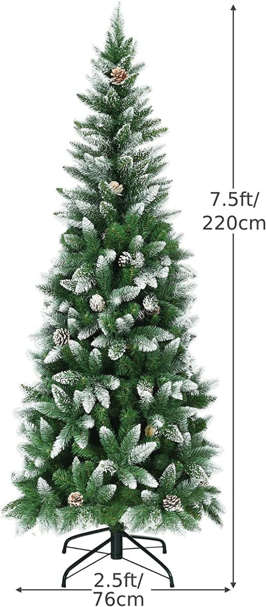 Snow-Flocked Pencil Hinged Artificial Christmas Tree with Pine Cones