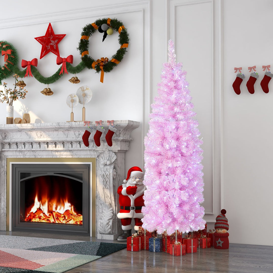 180 cm Pink Slim Xmas Tree with 475 Branch Tips and 250 Cold White LED Lights