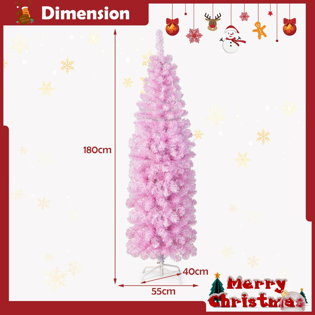 180 cm Pink Slim Xmas Tree with 475 Branch Tips and 250 Cold White LED Lights