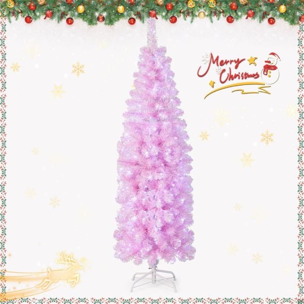 180 cm Pink Slim Xmas Tree with 475 Branch Tips and 250 Cold White LED Lights