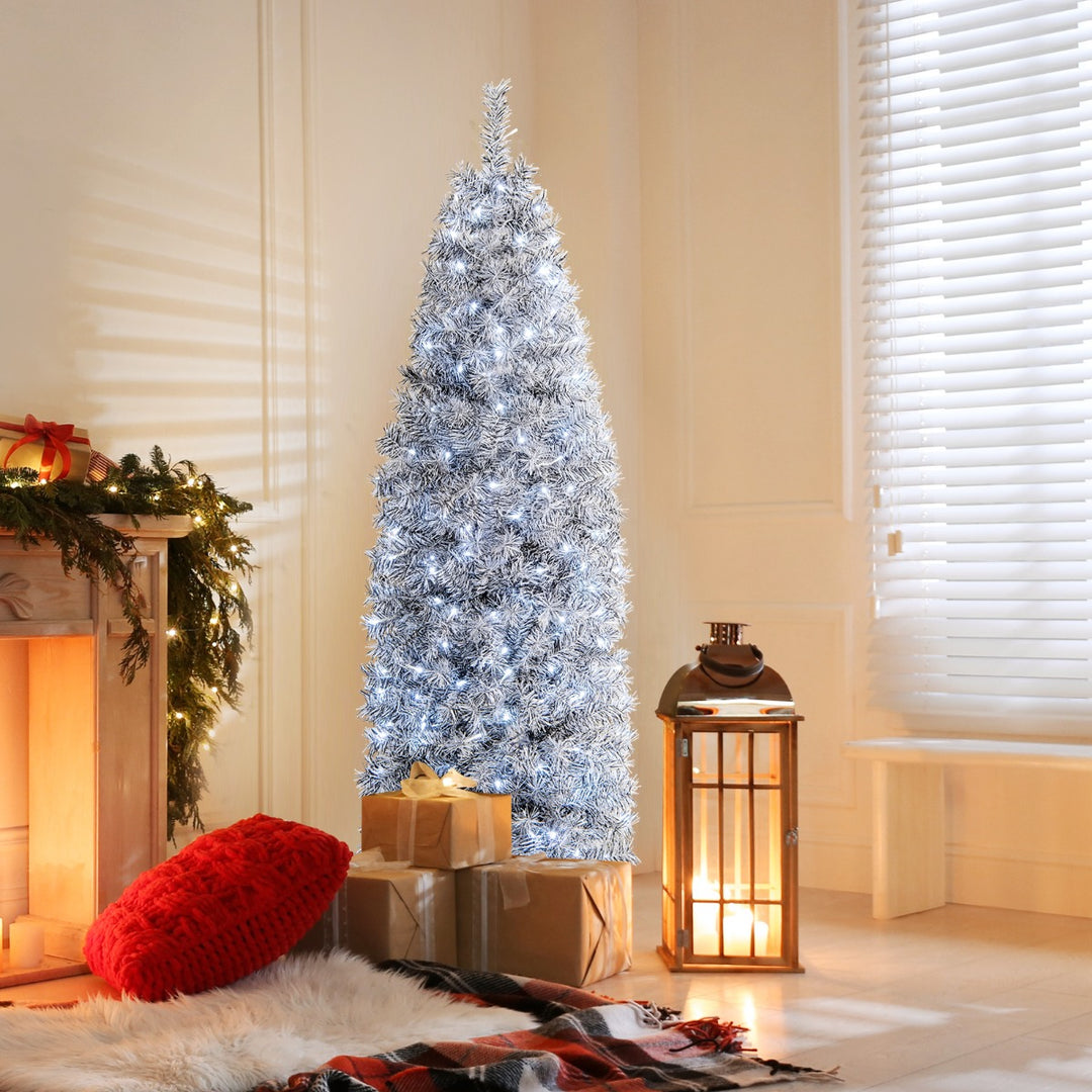 180 cm Slim Christmas Tree, Artificial Xmas Tree with 475 Branch Tips and 250 Cold White LED Lights